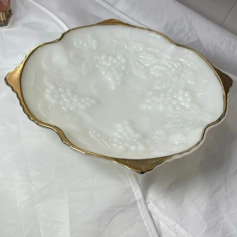 VTG Anchor Hocking Fire King pedestal bowl. Grape & Leaf